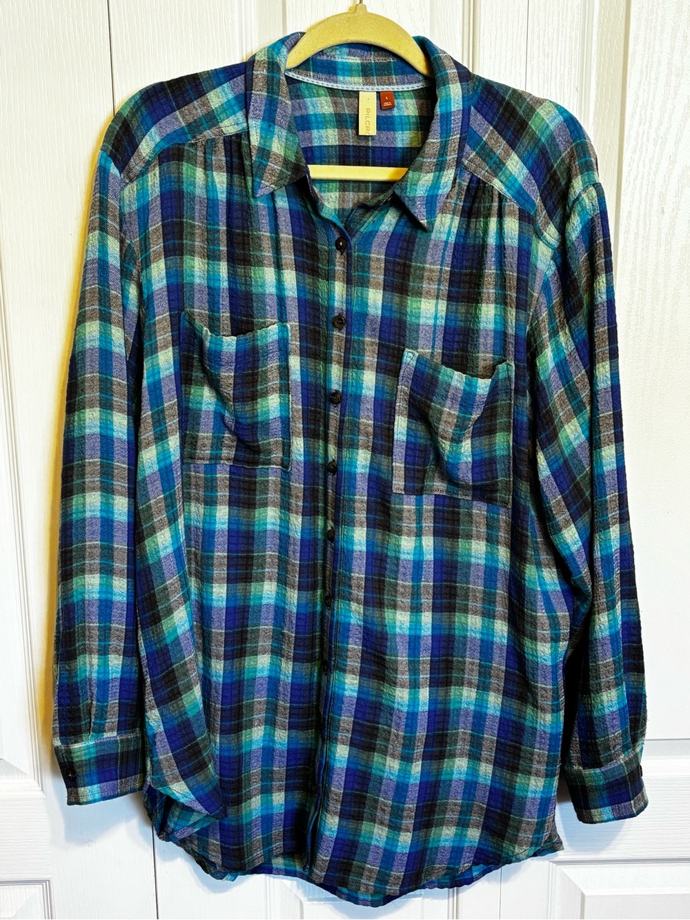 Pilcro Anthropologie Oversized Plaid Button Down Tunic Shirt Blue Green L